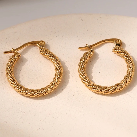 18K Gold Plated Stainless Steel Twisted Hoop Earrings - Picture 2 of 6